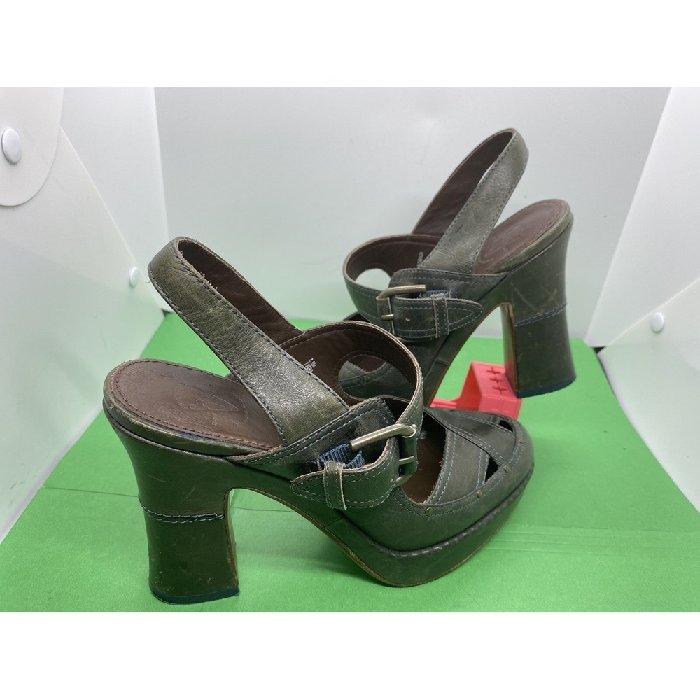 Frye Goldie Green Leather Slingback Platform Sandal Block Heels Womens Size 8.5M
